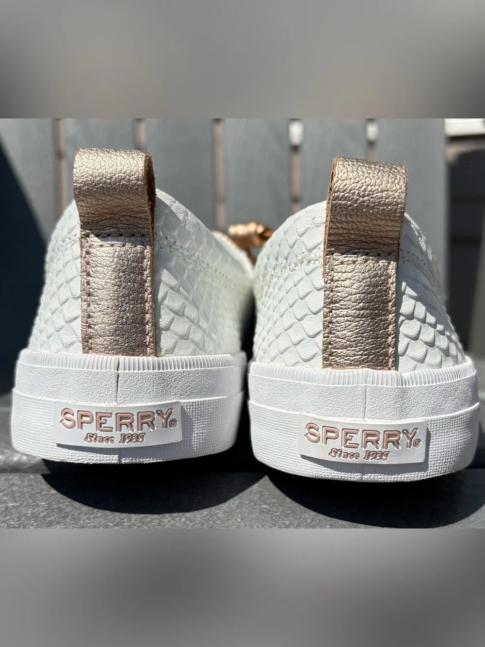 Sperry White Woven Low-Top Sneaker with Metallic Rose Accents